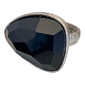 Boutique Ring Matte Antiqued Silver Tone Black Stones - 2T